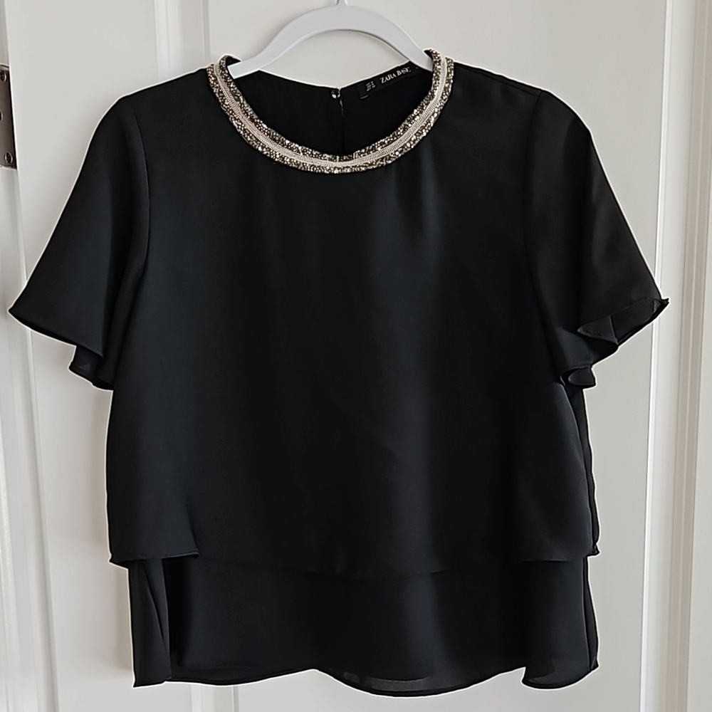 Zara basic Black Layered Top with Embellished Neckline